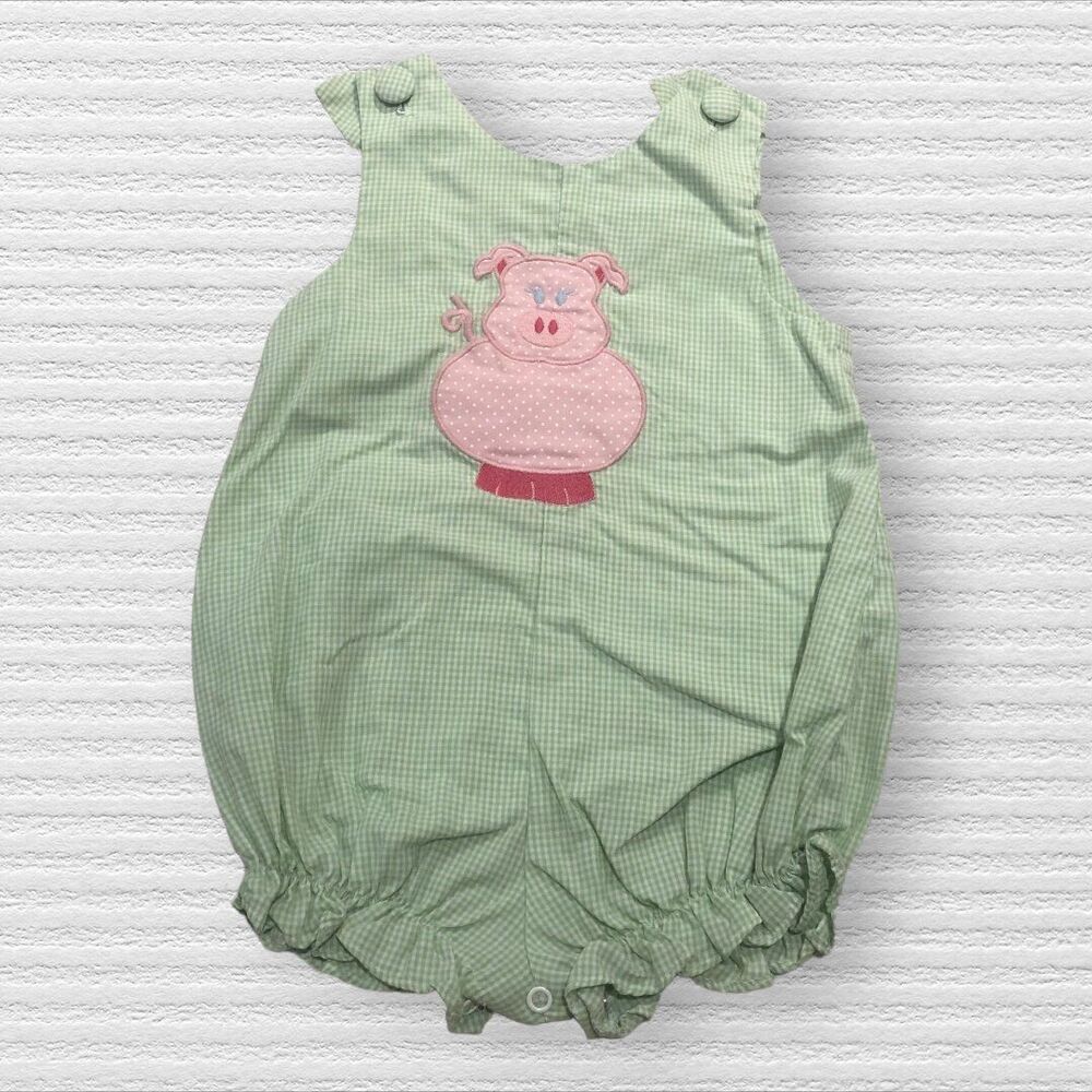 Castles & Crowns 12 Month Green Gingham Pink Pig Bubble Romper